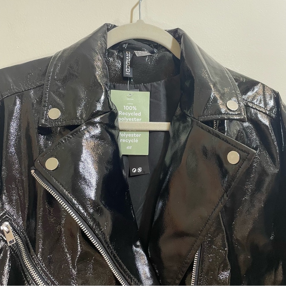 H&M Black Patent Biker Jacket Oversized Small NWT High Shine - Picture 6 of 8